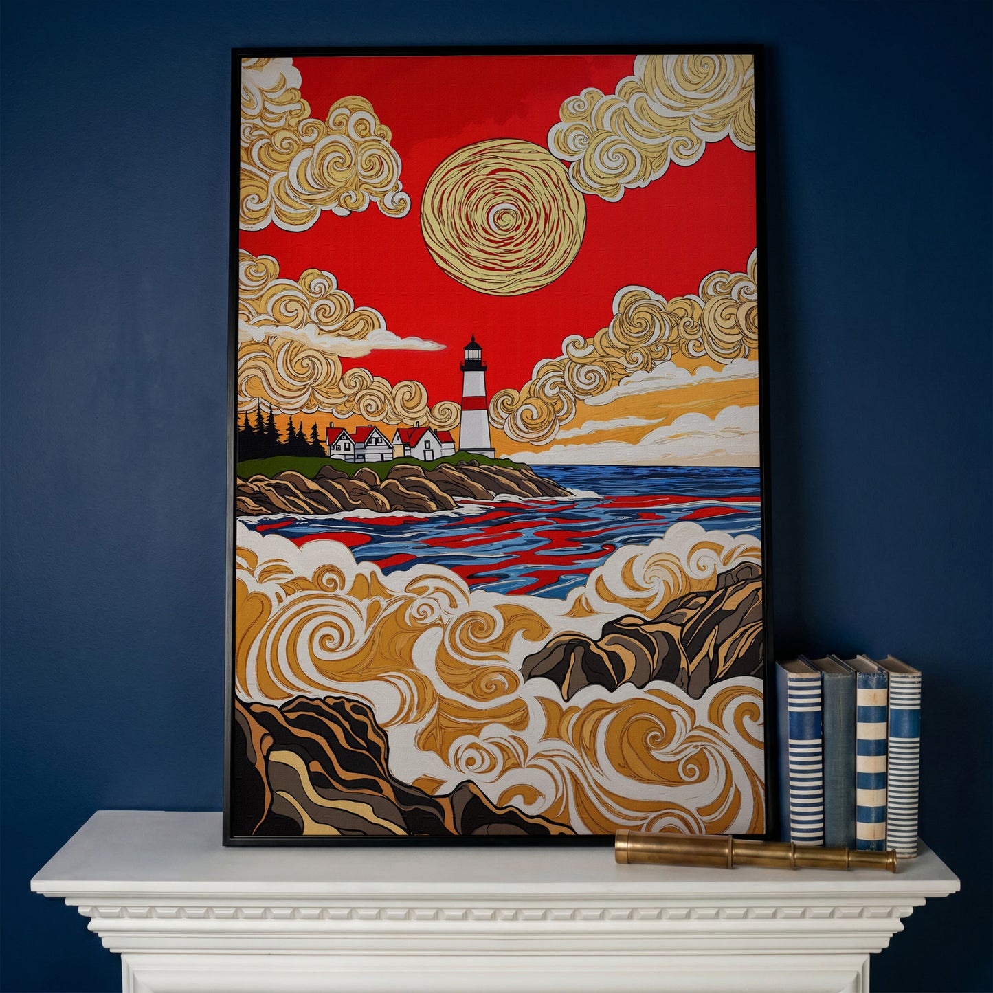 Lighthouse Coast Canvas Art, Vivid Sky and Ocean Rocks Portrait in black floating frame