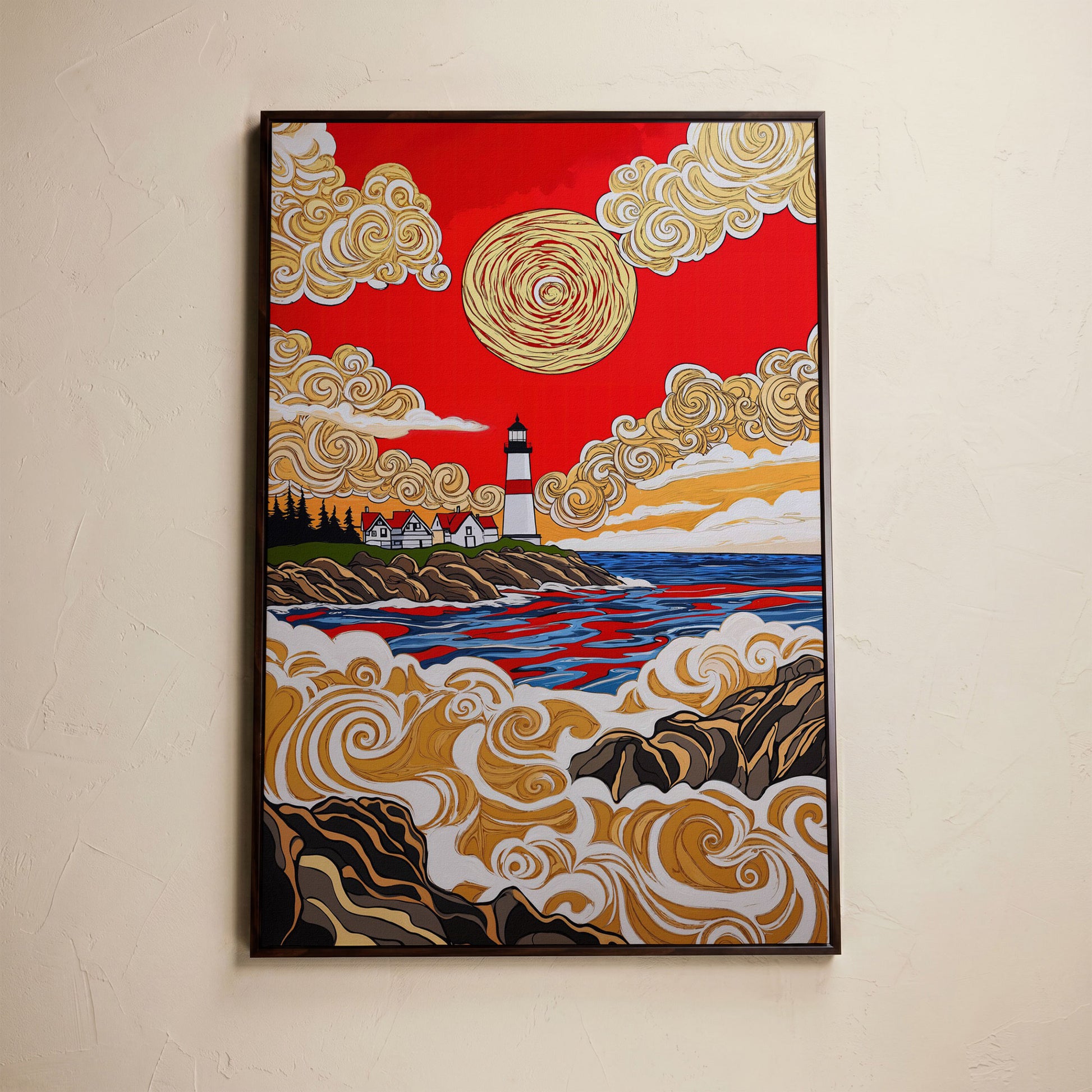 Lighthouse Coast Canvas Art, Vivid Sky and Ocean Rocks Portrait in dark walnut floating frame