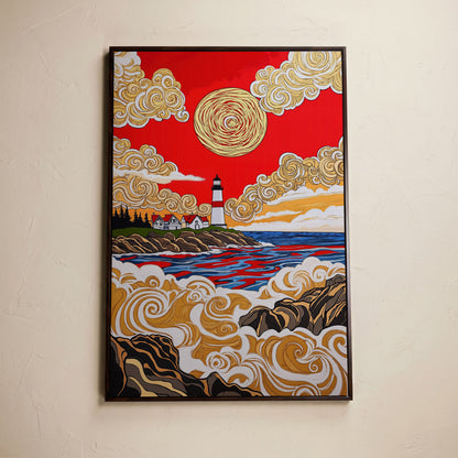 Lighthouse Coast Canvas Art, Vivid Sky and Ocean Rocks Portrait in dark walnut floating frame