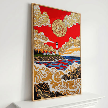 Lighthouse Coast Canvas Art, Vivid Sky and Ocean Rocks Portrait in white oak floating frame