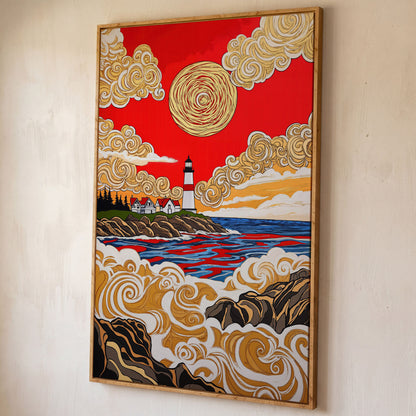 Lighthouse Coast Canvas Art, Vivid Sky and Ocean Rocks Portrait shown in white oak floating frame
