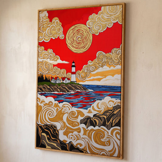 Lighthouse Coast Canvas Art, Vivid Sky and Ocean Rocks Portrait shown in white oak floating frame
