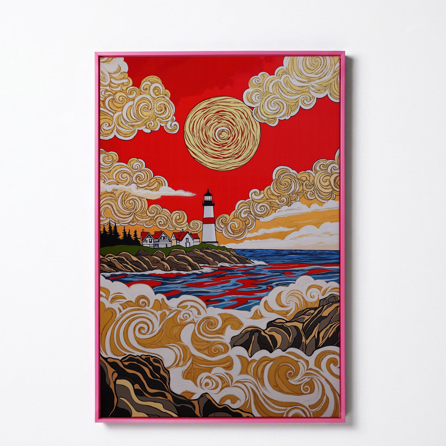 Lighthouse Coast Canvas Art, Vivid Sky and Ocean Rocks Portrait in pink floating frame