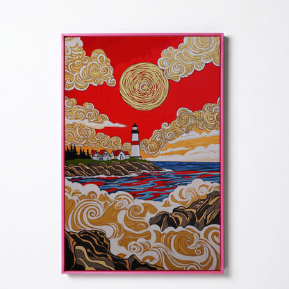 Lighthouse Coast Canvas Art, Vivid Sky and Ocean Rocks Portrait in pink floating frame