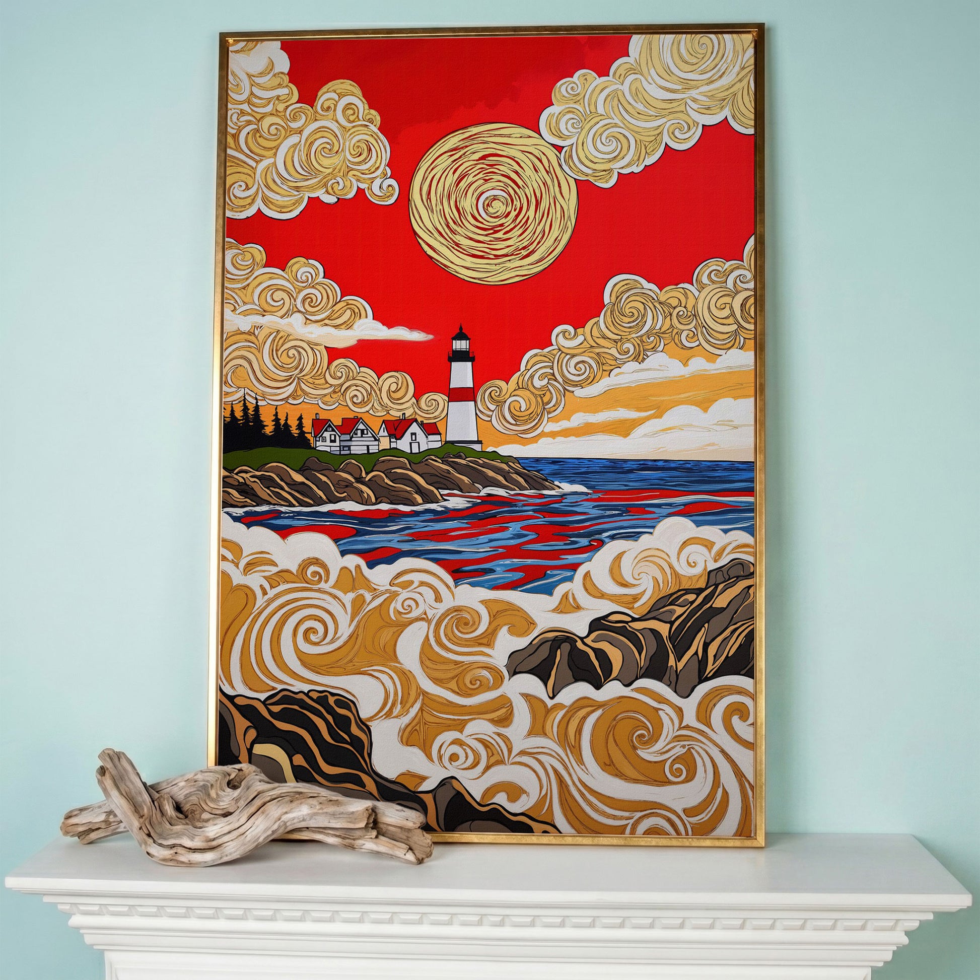 Lighthouse Coast Canvas Art, Vivid Sky and Ocean Rocks Portrait in rose gold floating frame
