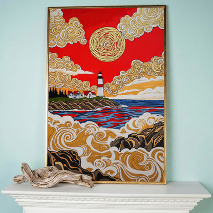 Lighthouse Coast Canvas Art, Vivid Sky and Ocean Rocks Portrait in rose gold floating frame