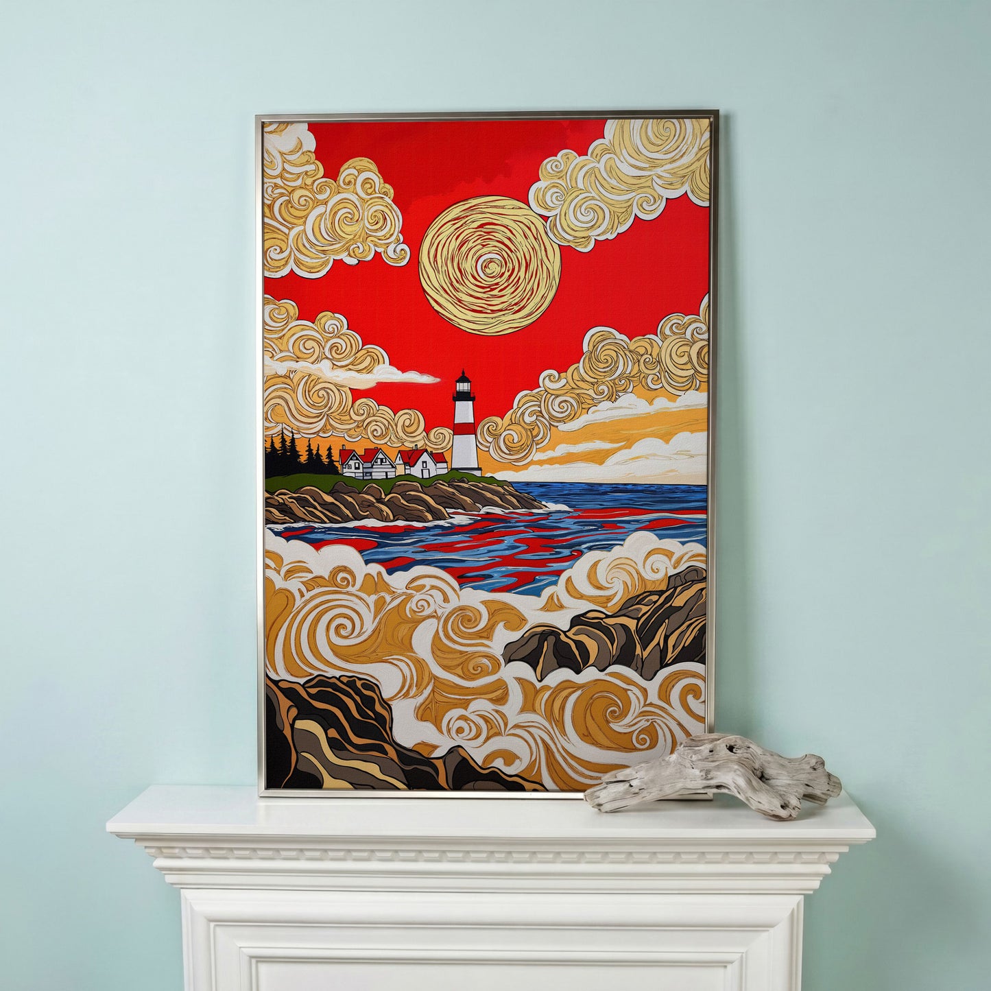 Lighthouse Coast Canvas Art, Vivid Sky and Ocean Rocks Portrait in silver floating frame