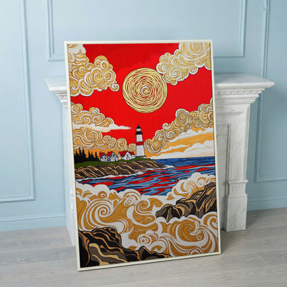 Lighthouse Coast Canvas Art, Vivid Sky and Ocean Rocks Portrait in white floating frame