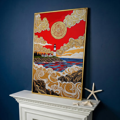 Lighthouse Coast Canvas Art, Vivid Sky and Ocean Rocks Portrait in yellow gold floating frame