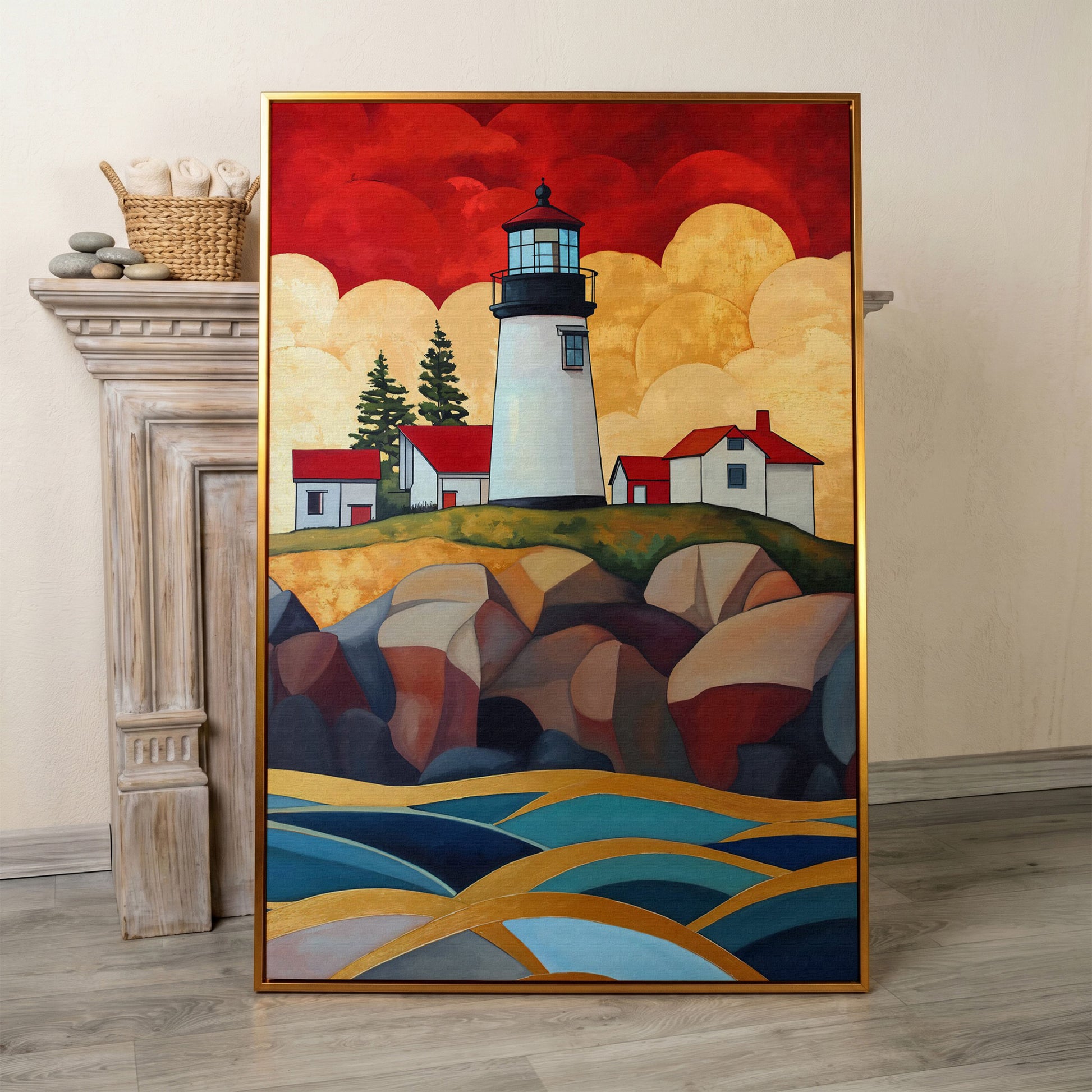 Lighthouse on Rocky Coast Canvas Wall Art in antique gold floating frame
