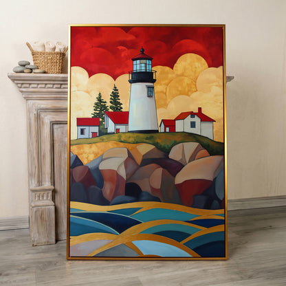 Lighthouse on Rocky Coast Canvas Wall Art in antique gold floating frame