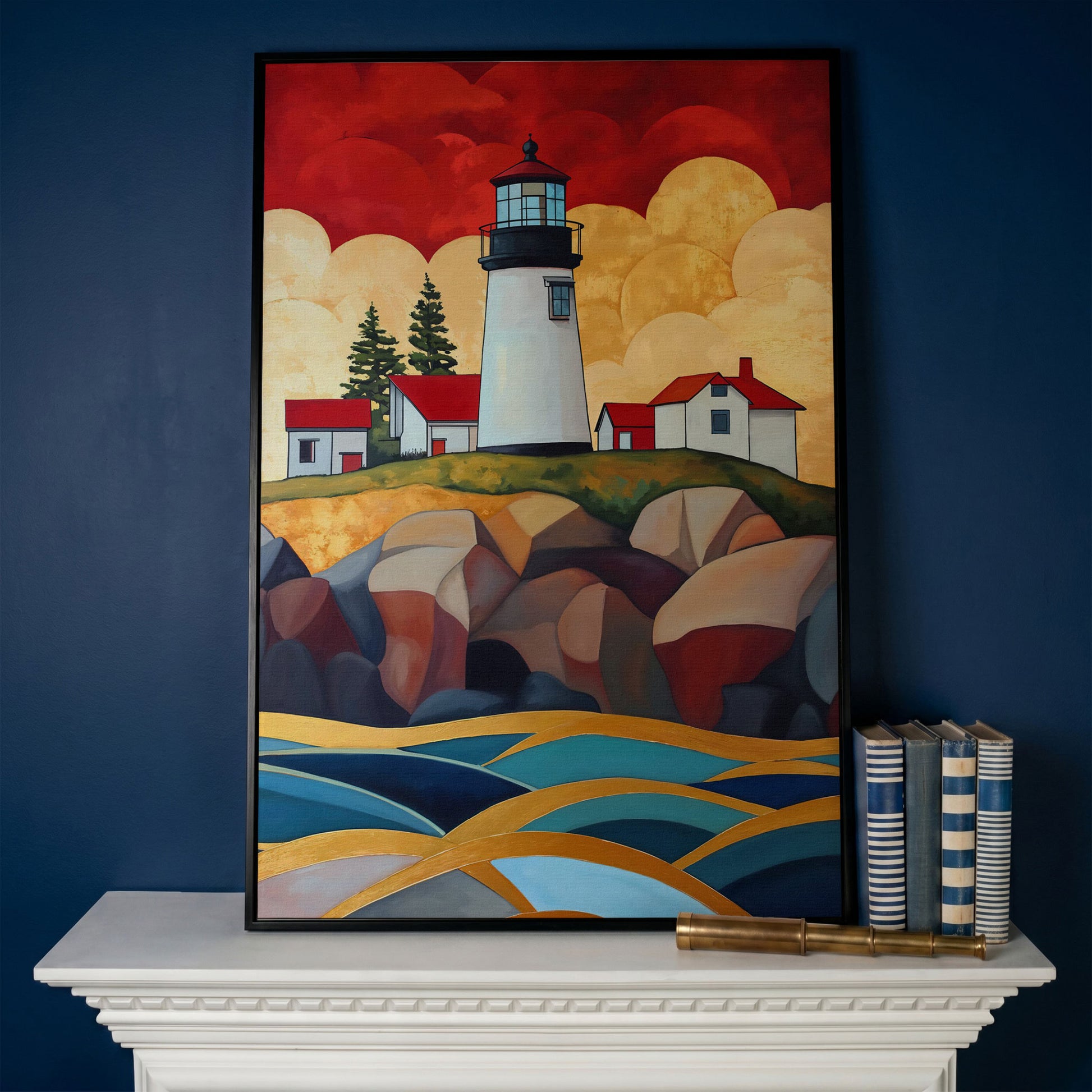 Lighthouse on Rocky Coast Canvas Wall Art in black floating frame