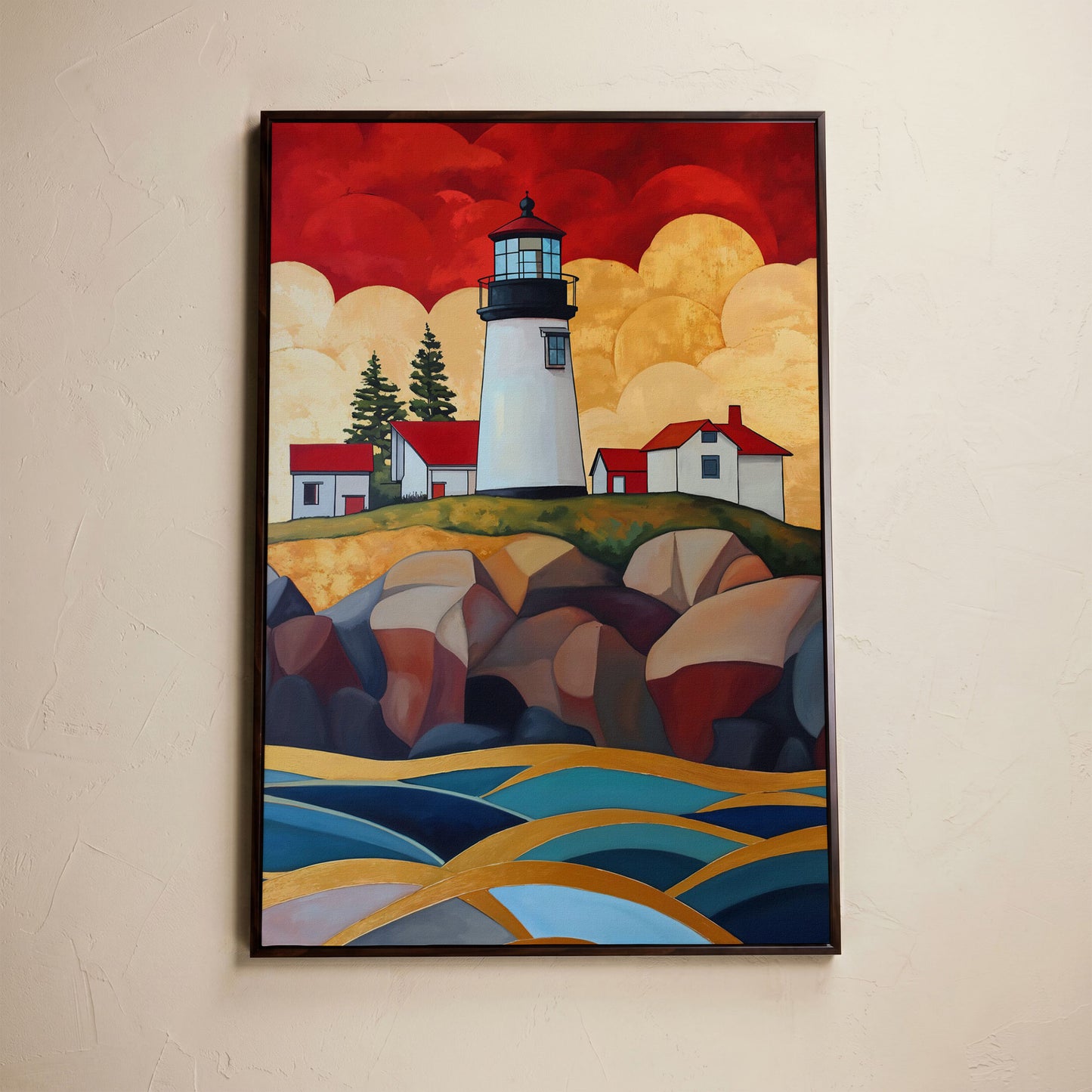 Lighthouse on Rocky Coast Canvas Wall Art in dark walnut floating frame