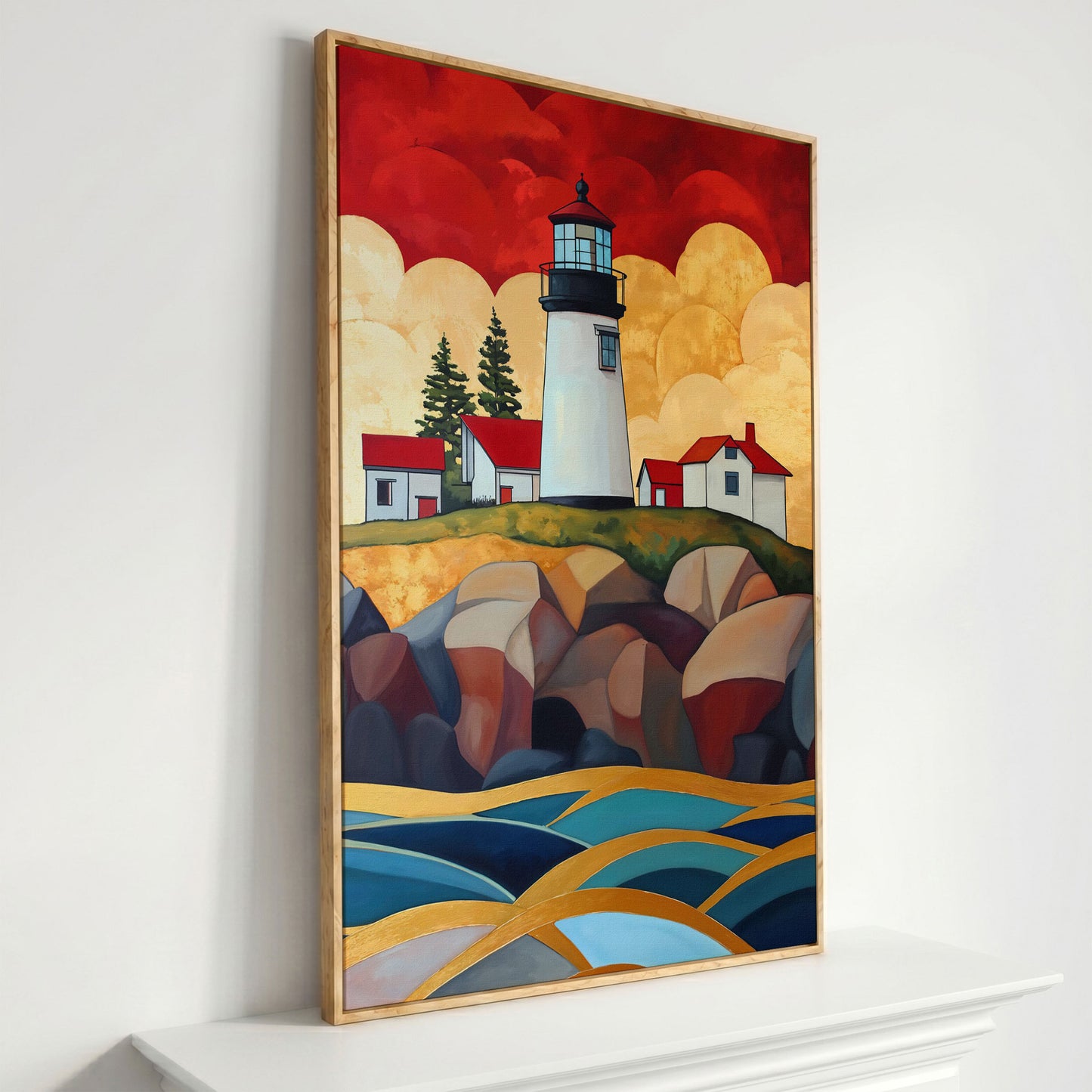 Lighthouse on Rocky Coast Canvas Wall Art in white oak floating frame