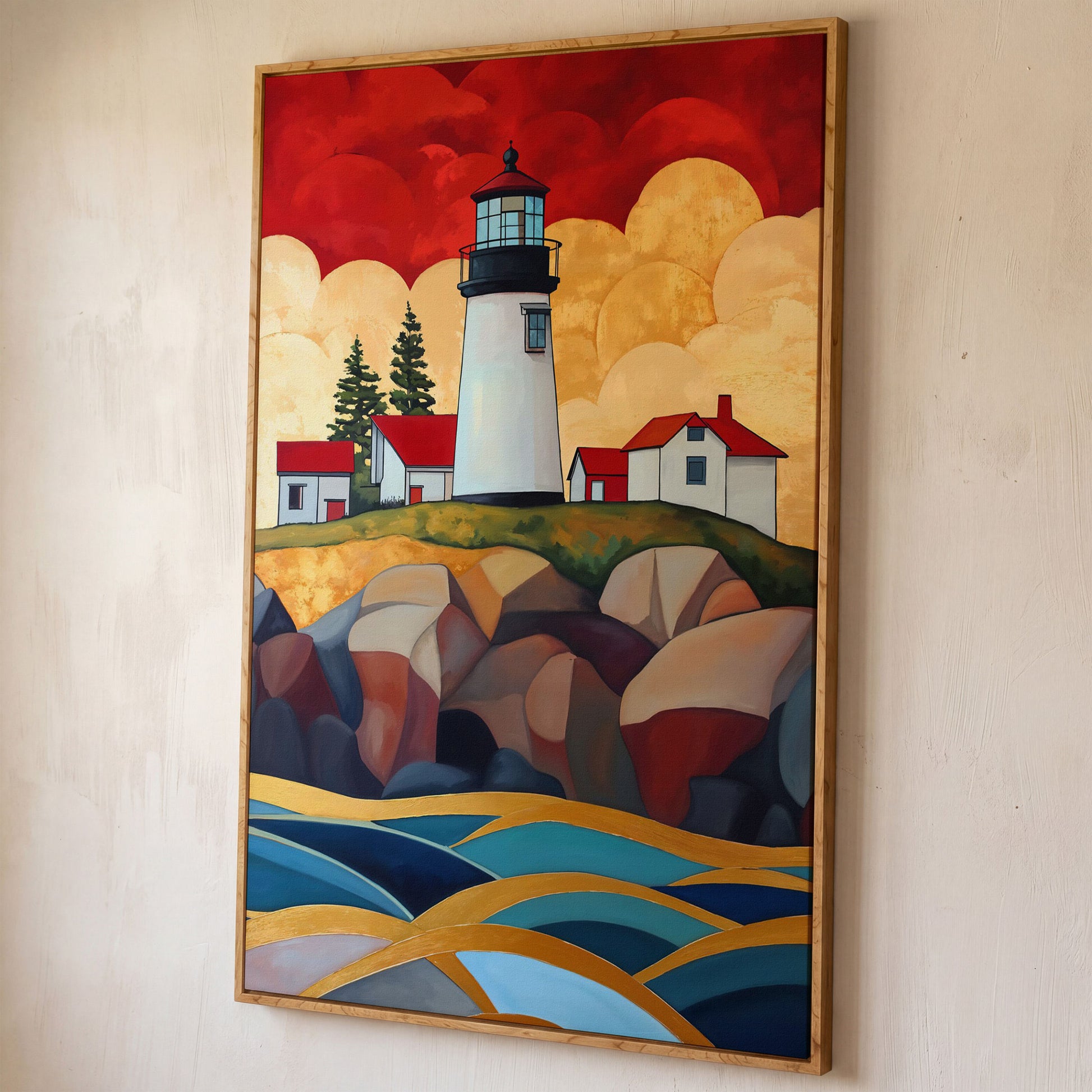 Lighthouse on Rocky Coast Canvas Wall Art shown in white oak floating frame