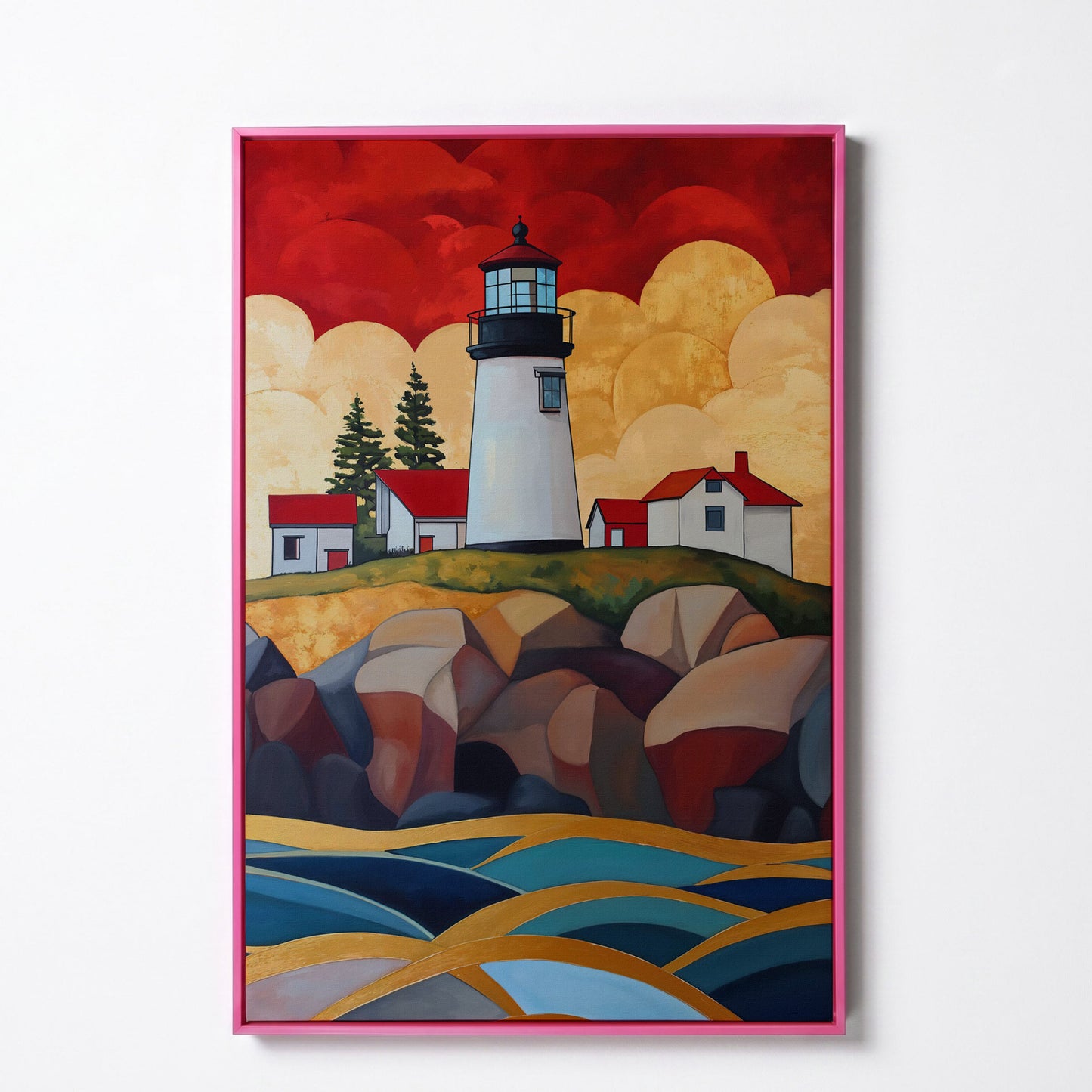 Lighthouse on Rocky Coast Canvas Wall Art in pink floating frame