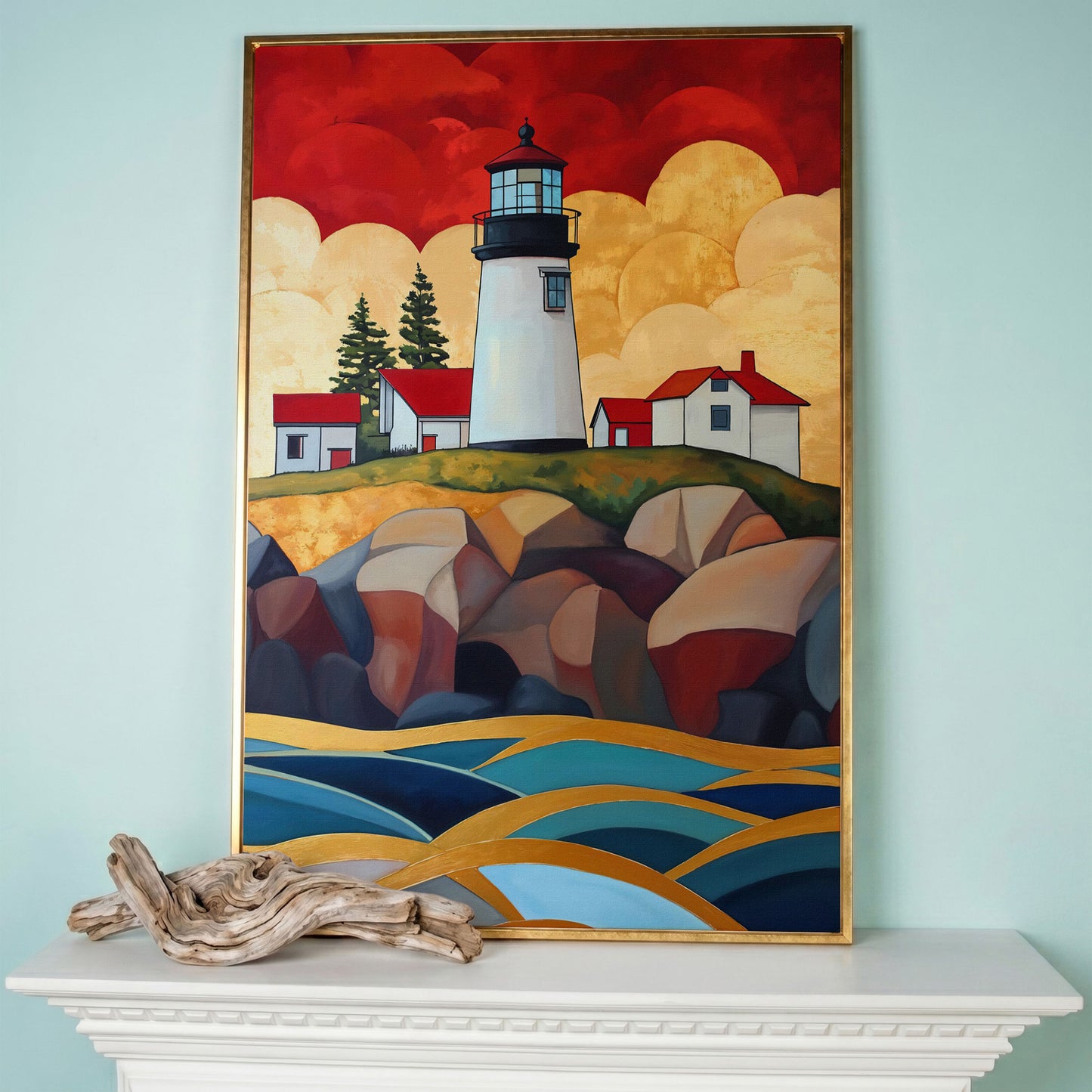 Lighthouse on Rocky Coast Canvas Wall Art in rose gold floating frame