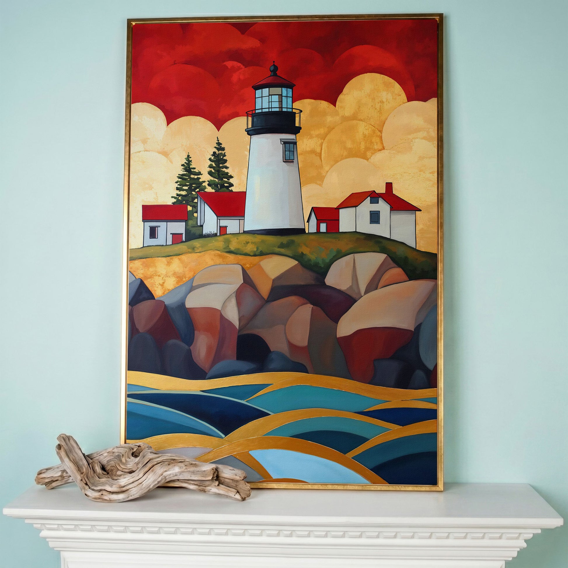 Lighthouse on Rocky Coast Canvas Wall Art in rose gold floating frame