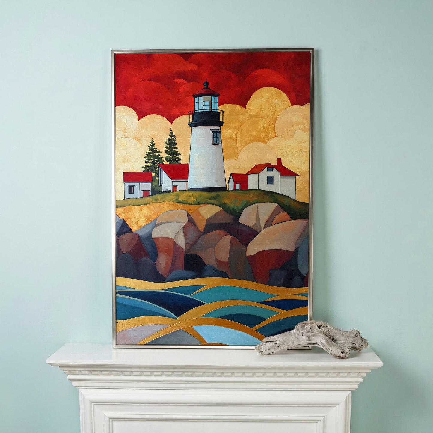 Lighthouse on Rocky Coast Canvas Wall Art in silver floating frame