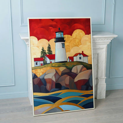 Lighthouse on Rocky Coast Canvas Wall Art in white floating frame