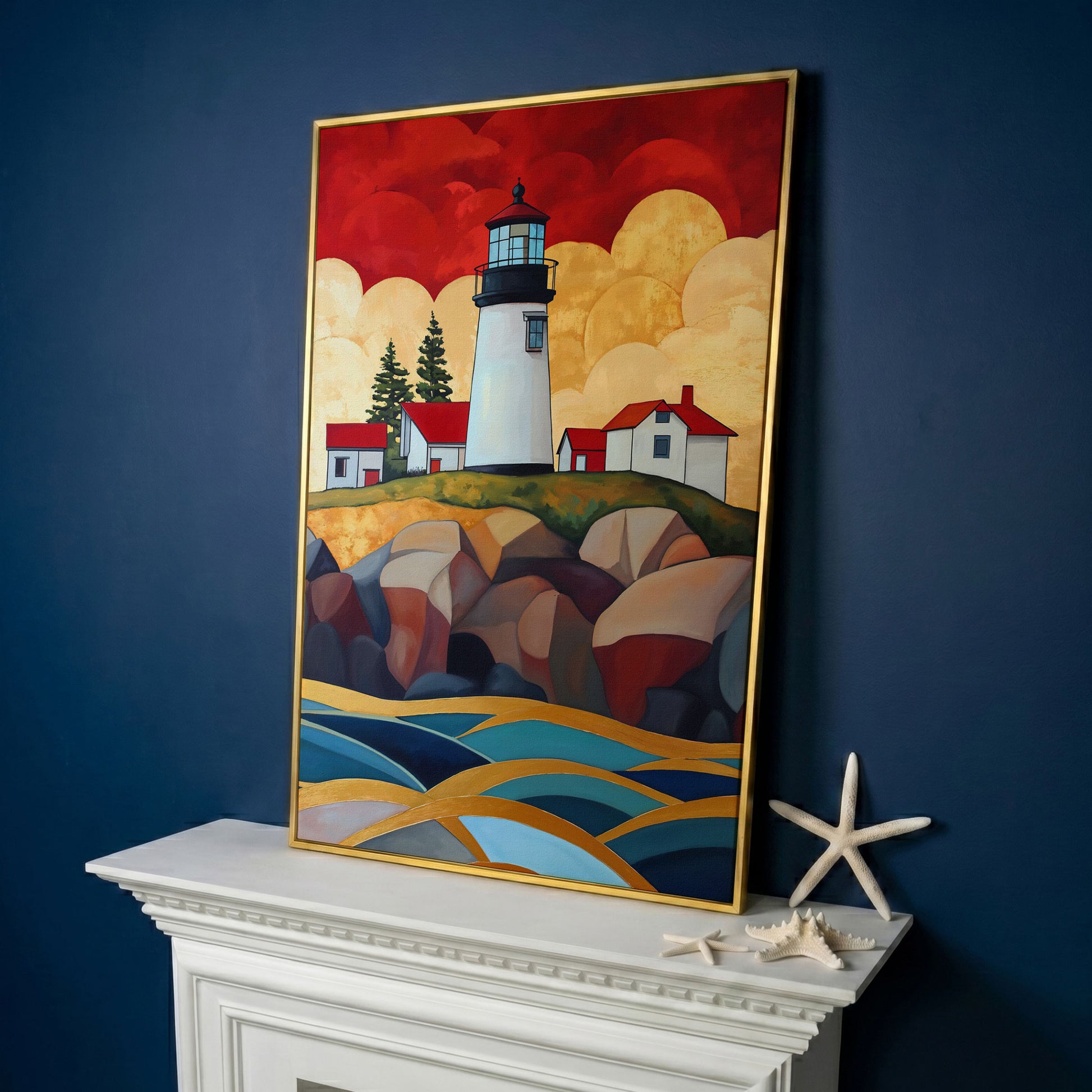 Lighthouse on Rocky Coast Canvas Wall Art in yellow gold floating frame