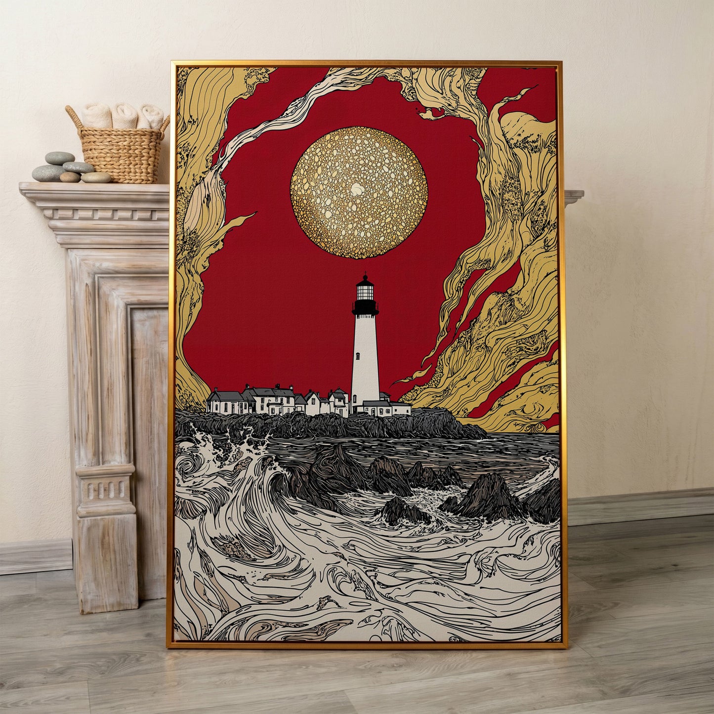 Lighthouse at Dusk: Red Sky and Golden Orb Canvas Art in antique gold floating frame