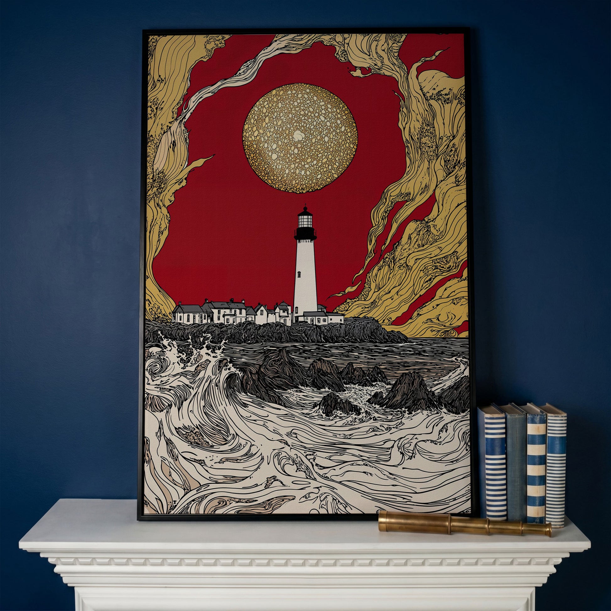 Lighthouse at Dusk: Red Sky and Golden Orb Canvas Art in black floating frame