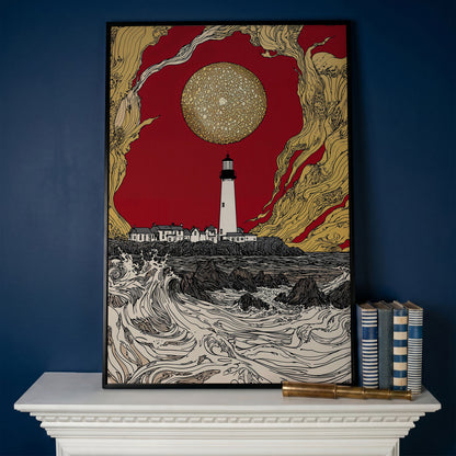 Lighthouse at Dusk: Red Sky and Golden Orb Canvas Art in black floating frame
