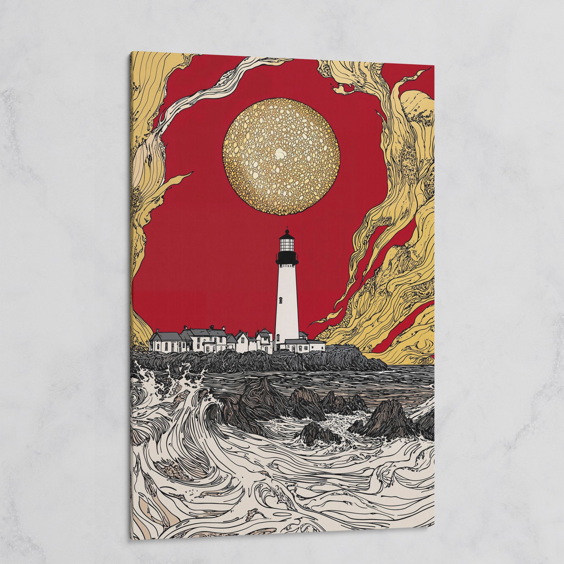 Lighthouse at Dusk: Red Sky and Golden Orb Canvas Art on gallery wrap