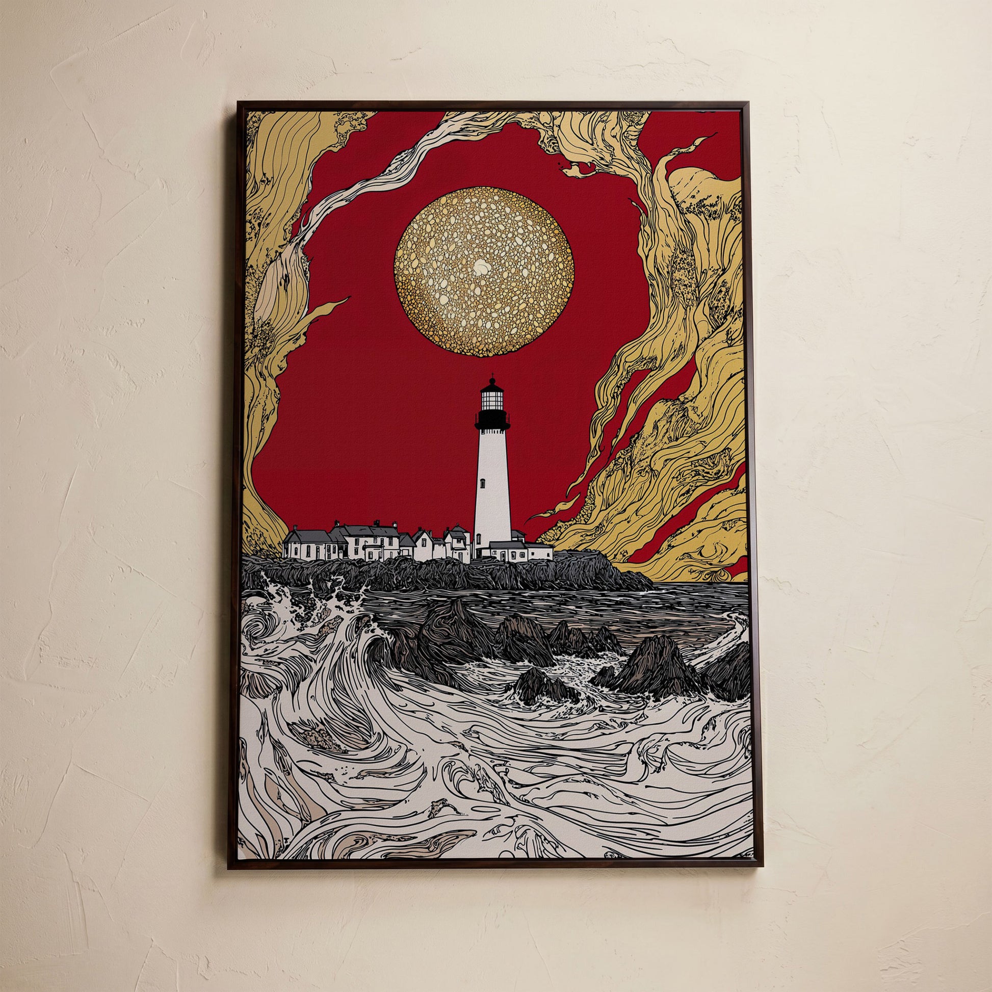Lighthouse at Dusk: Red Sky and Golden Orb Canvas Art in dark walnut floating frame