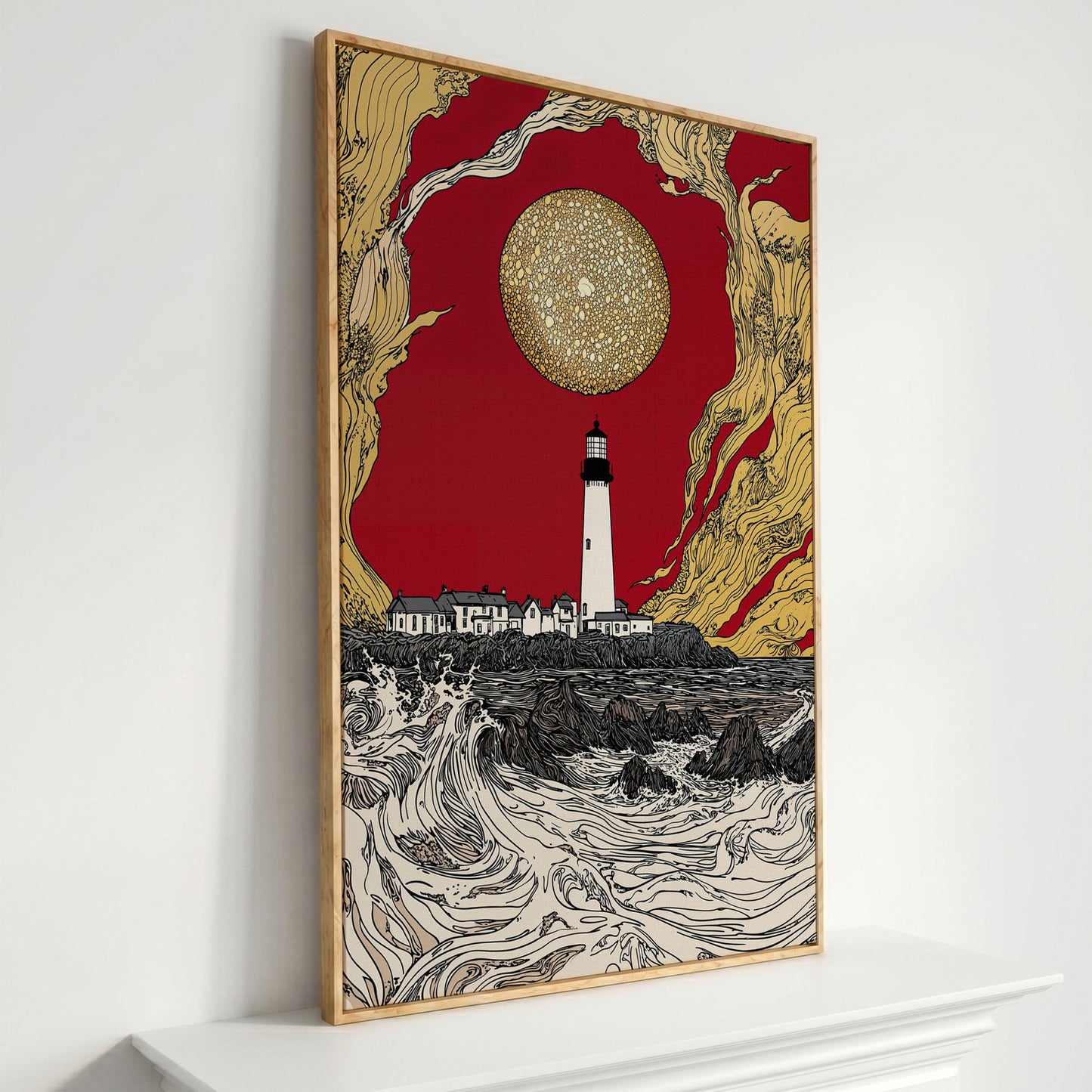 Lighthouse at Dusk: Red Sky and Golden Orb Canvas Art in white oak floating frame