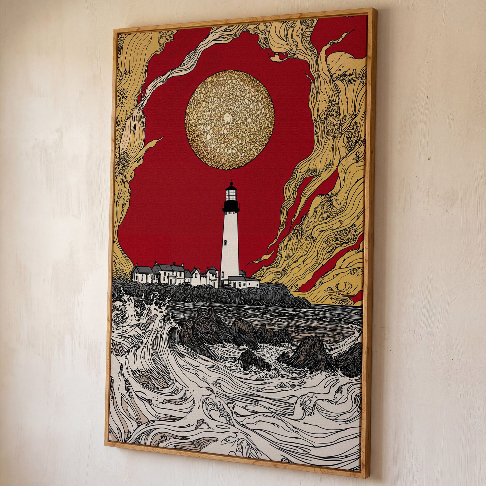Lighthouse at Dusk: Red Sky and Golden Orb Canvas Art shown in white oak floating frame