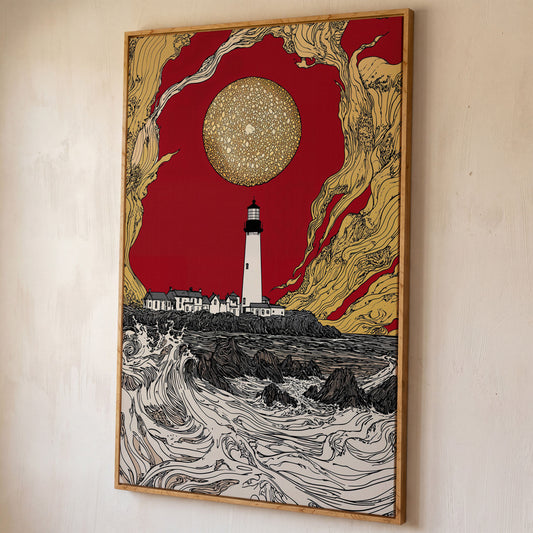 Lighthouse at Dusk: Red Sky and Golden Orb Canvas Art shown in white oak floating frame