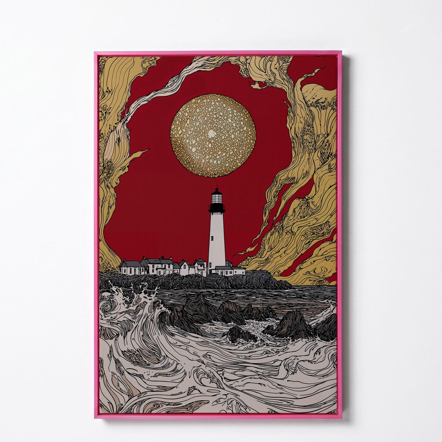 Lighthouse at Dusk: Red Sky and Golden Orb Canvas Art in pink floating frame