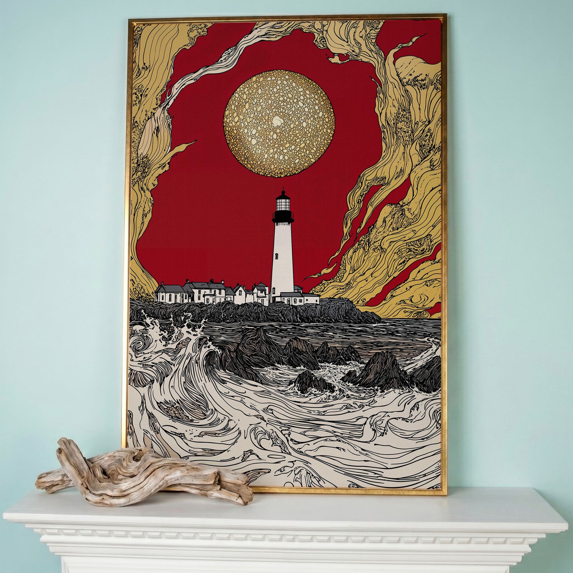 Lighthouse at Dusk: Red Sky and Golden Orb Canvas Art in rose gold floating frame