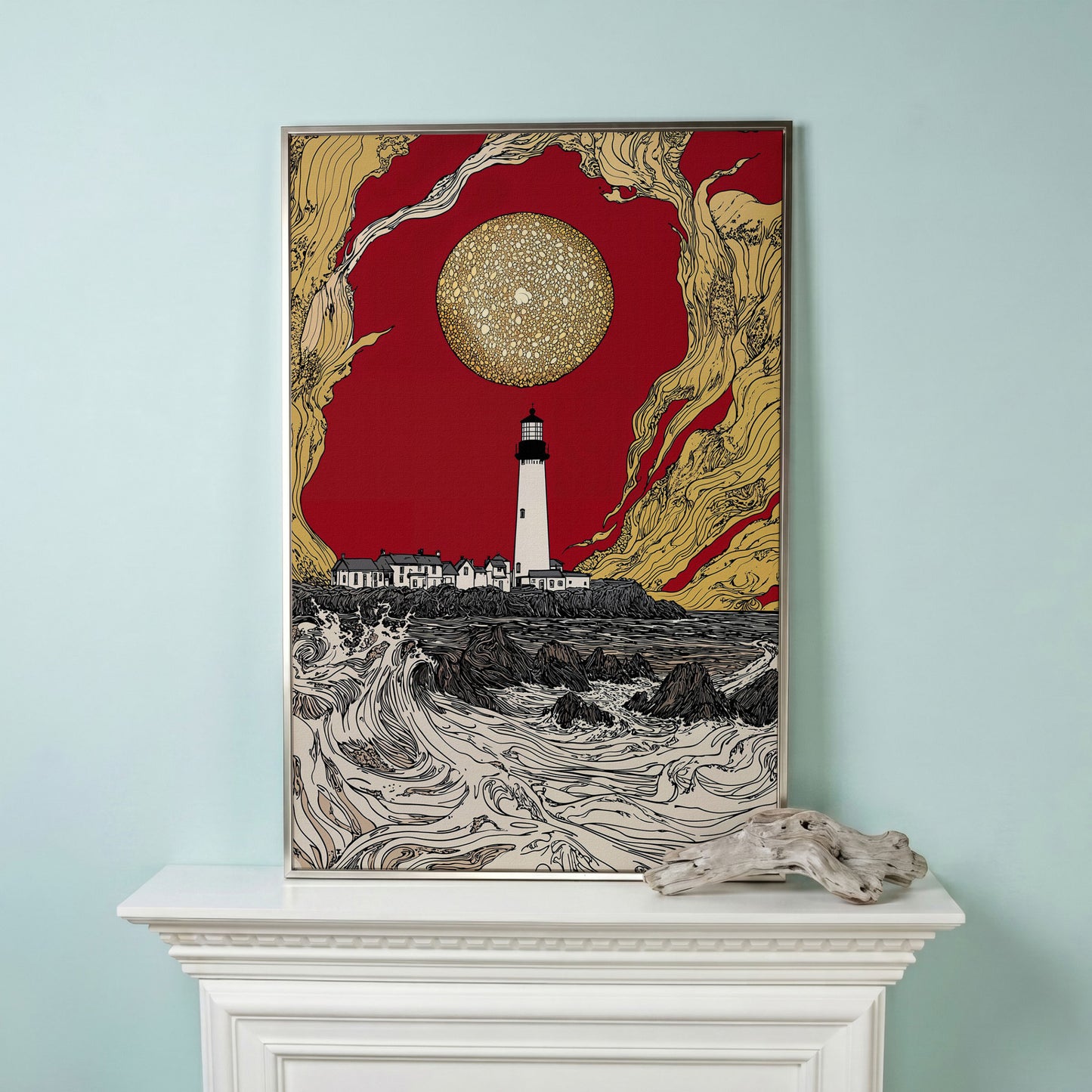 Lighthouse at Dusk: Red Sky and Golden Orb Canvas Art in silver floating frame