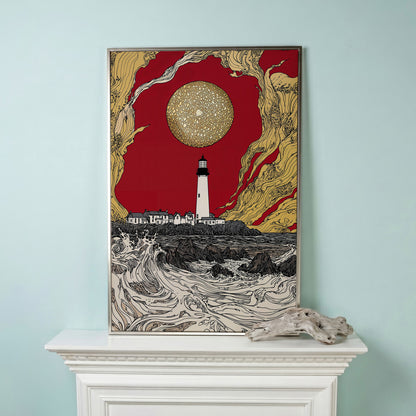 Lighthouse at Dusk: Red Sky and Golden Orb Canvas Art in silver floating frame