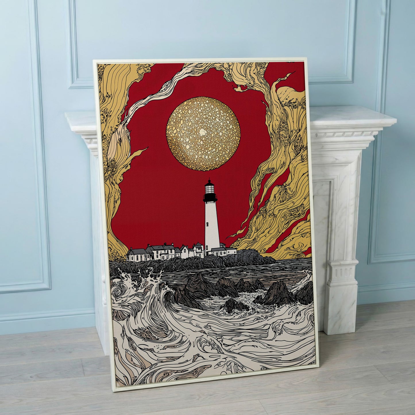Lighthouse at Dusk: Red Sky and Golden Orb Canvas Art in white floating frame