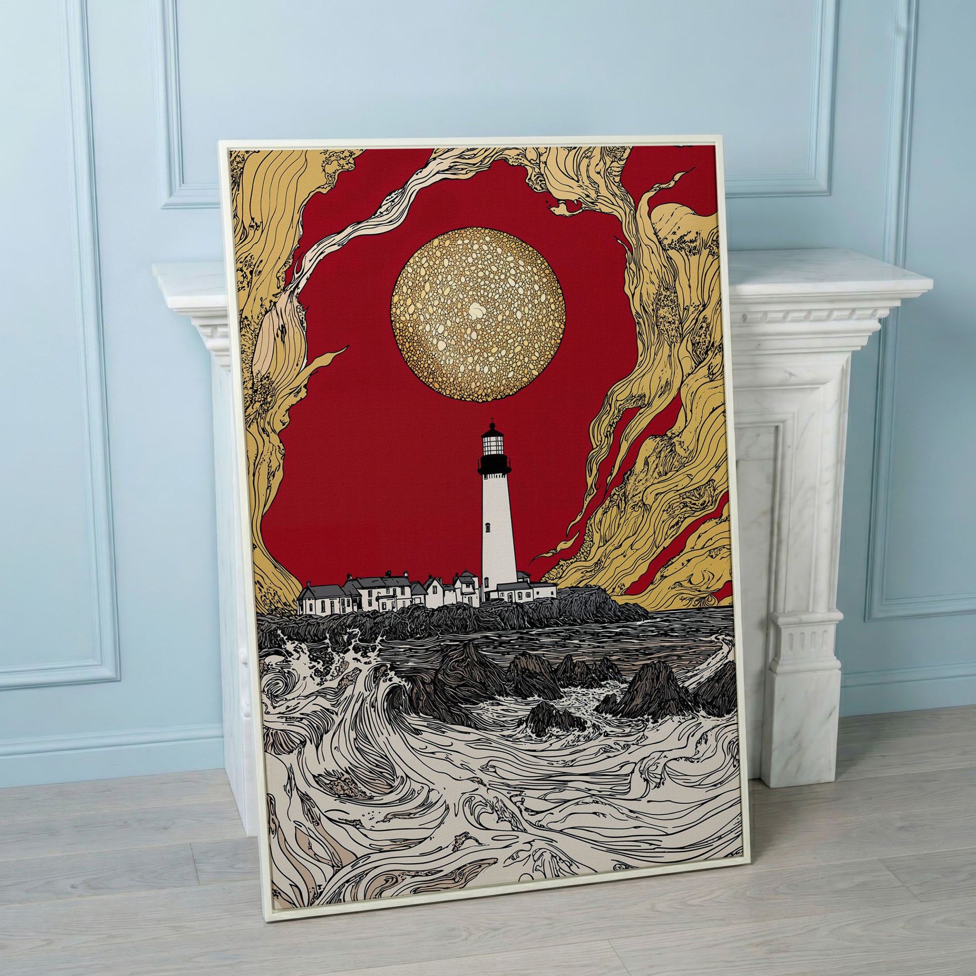 Lighthouse at Dusk: Red Sky and Golden Orb Canvas Art in white floating frame