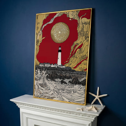 Lighthouse at Dusk: Red Sky and Golden Orb Canvas Art in yellow gold floating frame