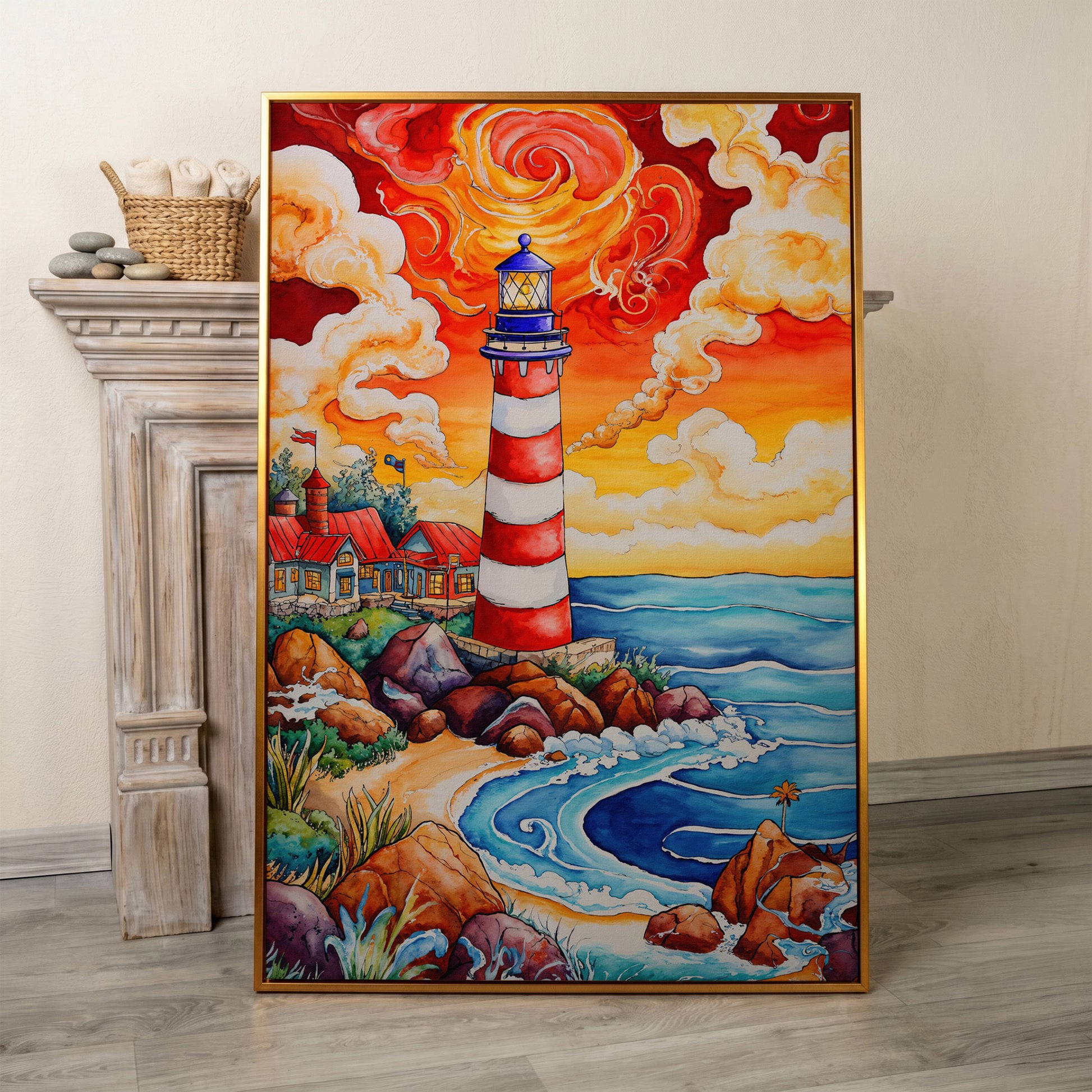 Lighthouse at Sunset, Rocky Coast Canvas Wall Art in antique gold floating frame