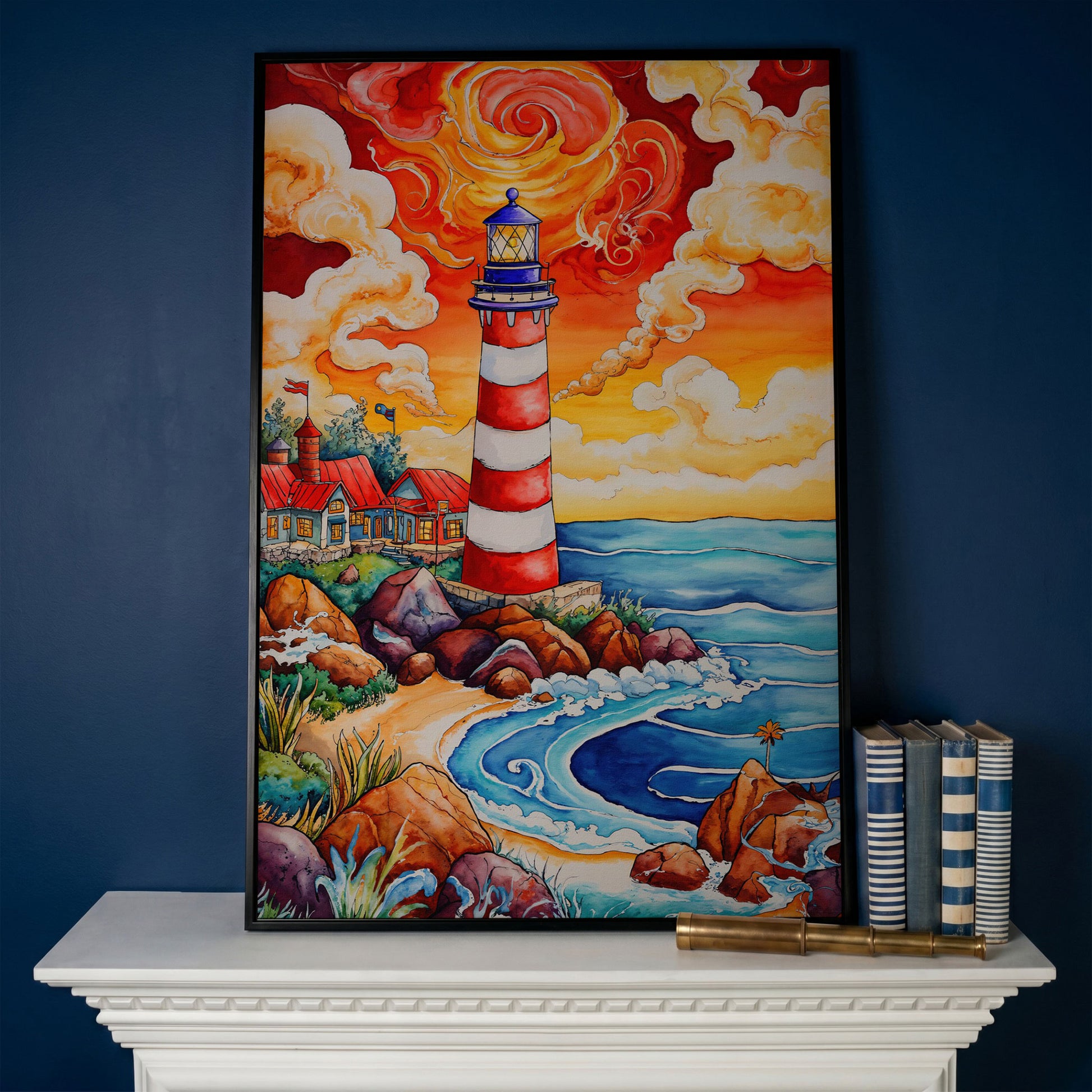 Lighthouse at Sunset, Rocky Coast Canvas Wall Art in black floating frame