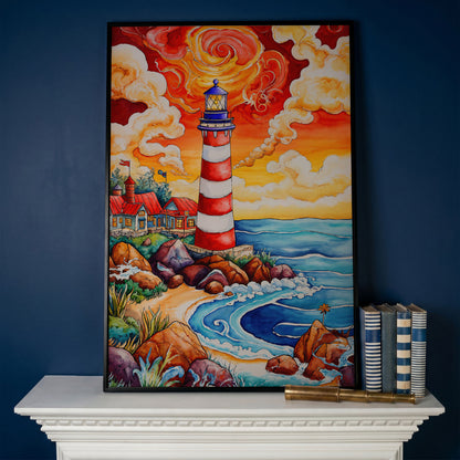 Lighthouse at Sunset, Rocky Coast Canvas Wall Art in black floating frame