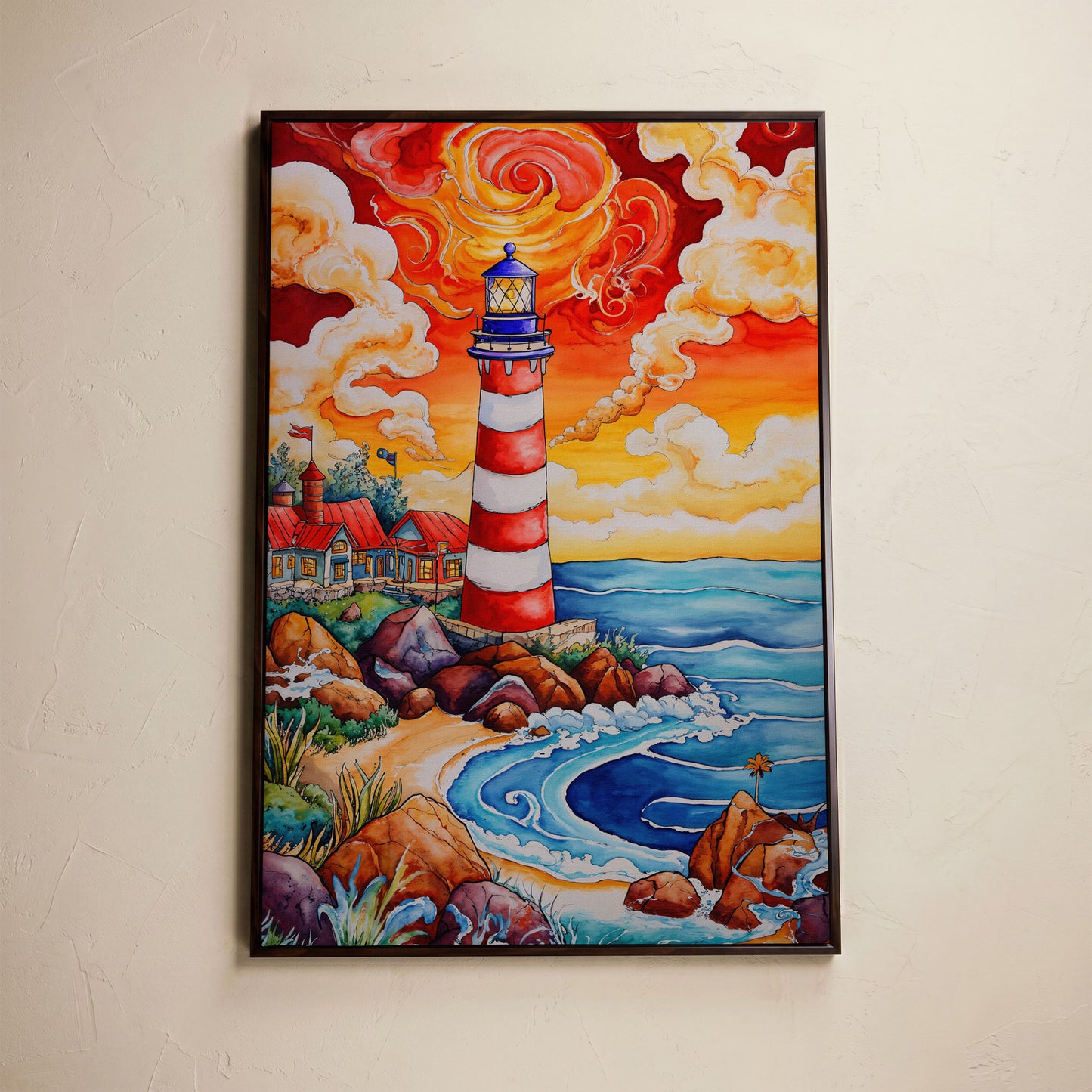 Lighthouse at Sunset, Rocky Coast Canvas Wall Art in dark walnut floating frame