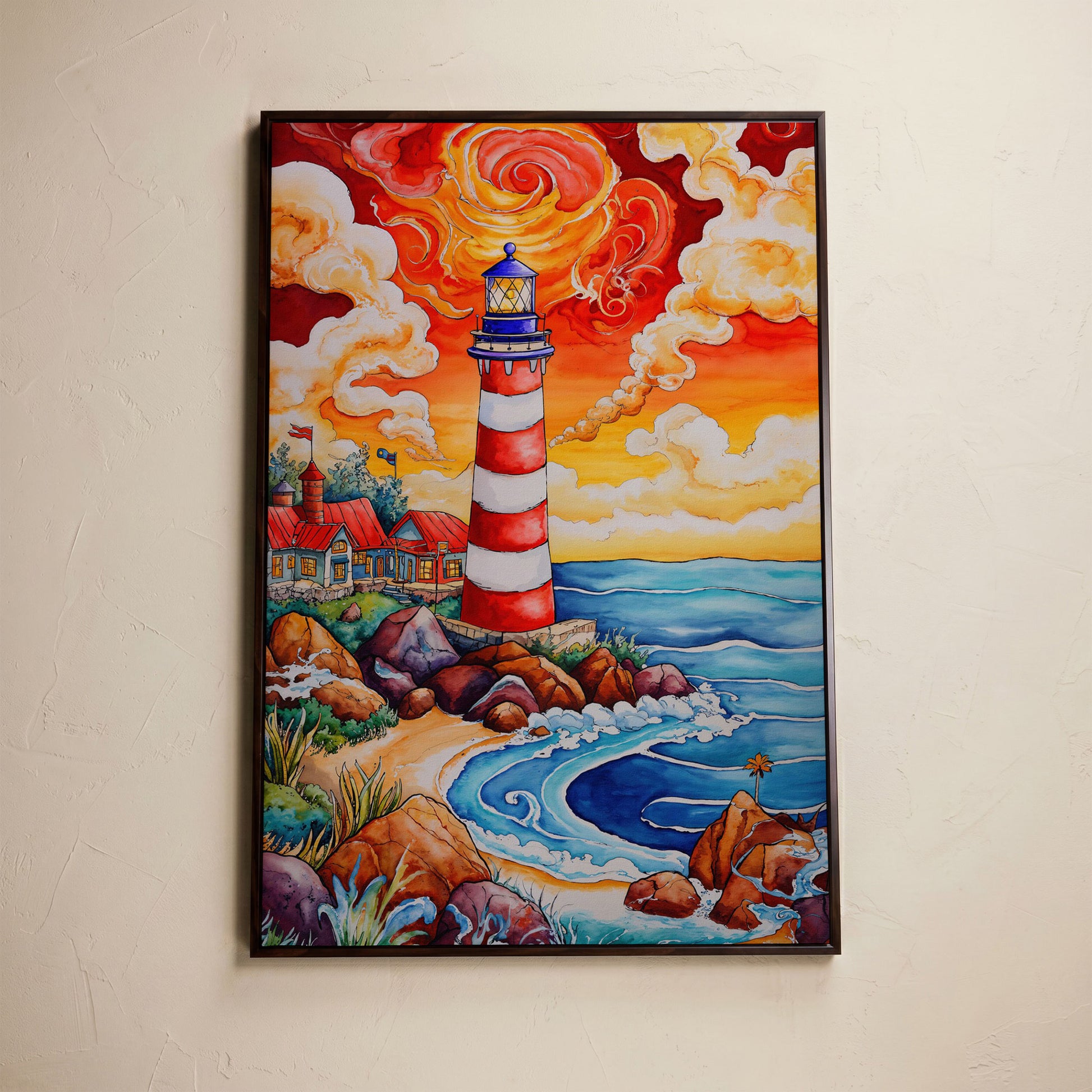 Lighthouse at Sunset, Rocky Coast Canvas Wall Art in dark walnut floating frame