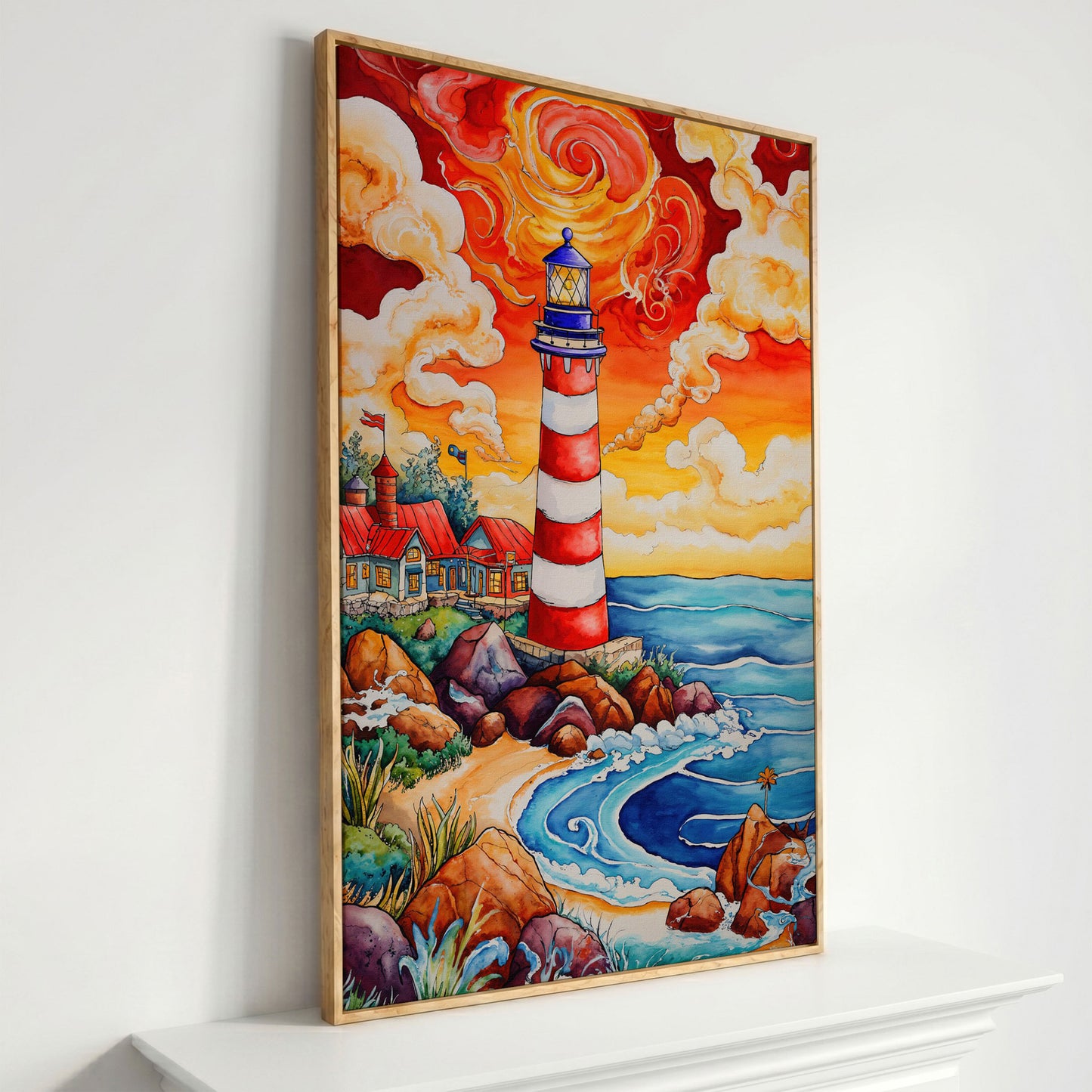 Lighthouse at Sunset, Rocky Coast Canvas Wall Art in white oak floating frame