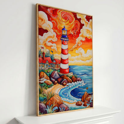 Lighthouse at Sunset, Rocky Coast Canvas Wall Art in white oak floating frame