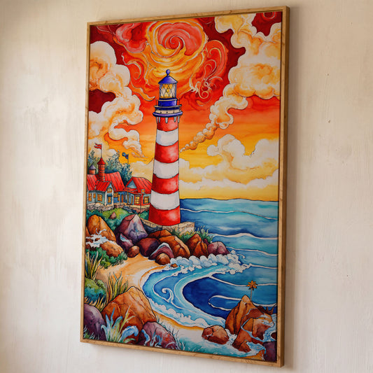 Lighthouse at Sunset, Rocky Coast Canvas Wall Art shown in white oak floating frame