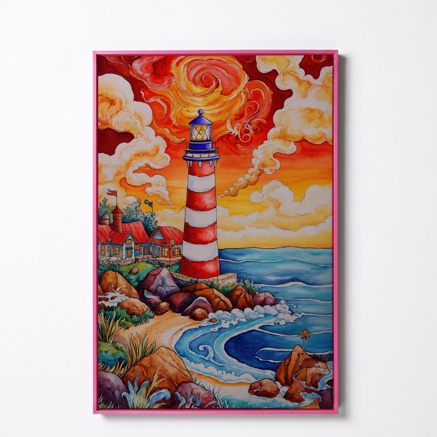 Lighthouse at Sunset, Rocky Coast Canvas Wall Art in pink floating frame