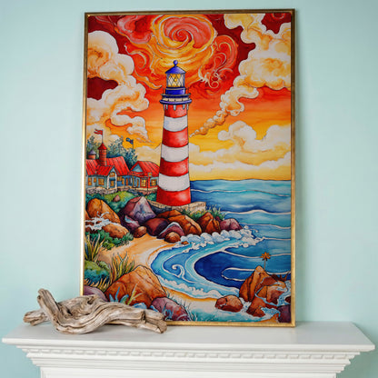 Lighthouse at Sunset, Rocky Coast Canvas Wall Art in rose gold floating frame